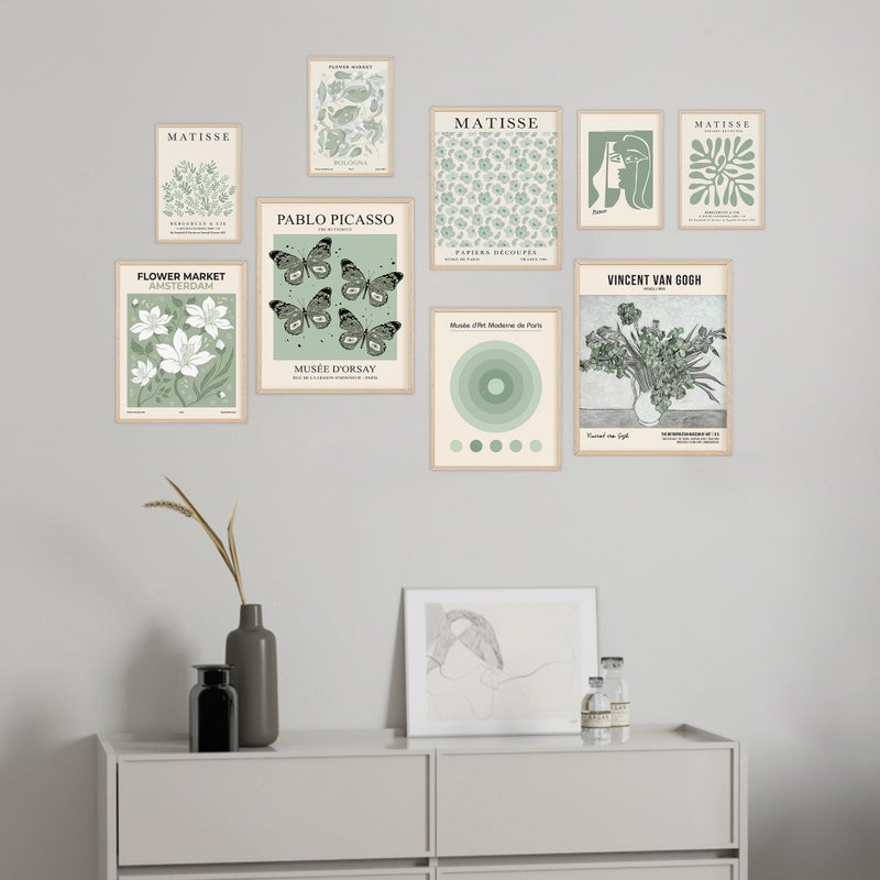 KONGSY Sage Green Wall Art Prints مجموعة من 9، ملصقات معرض ماتيس مجردة، مطبوعات فنية بوهو، ديكور جدار أخضر حكيم، صور جمالية ديكور غرفة النوم للفتيات المراهقات، غرفة النوم - Image 4